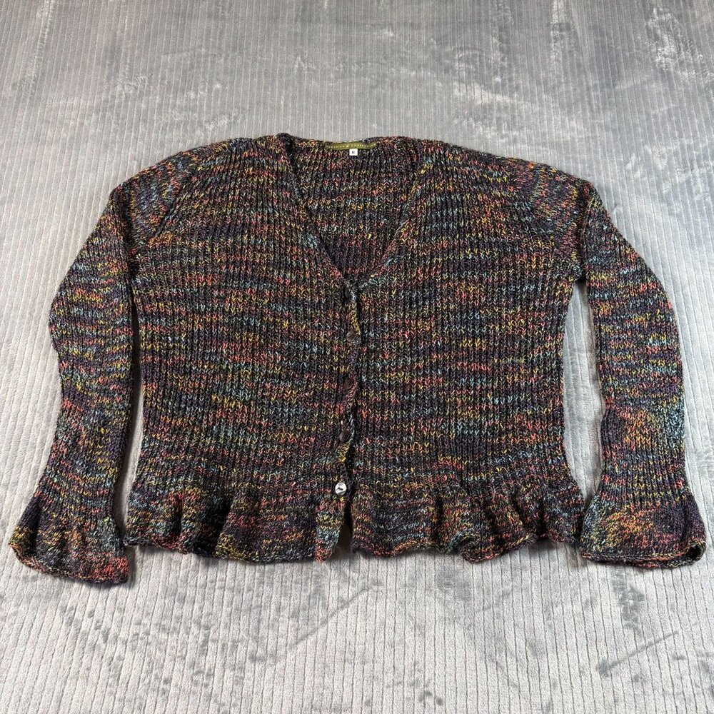 Peruvian Connection Vintage Colorful Knit Cardigan M Button Ruffle Hem Sleeves